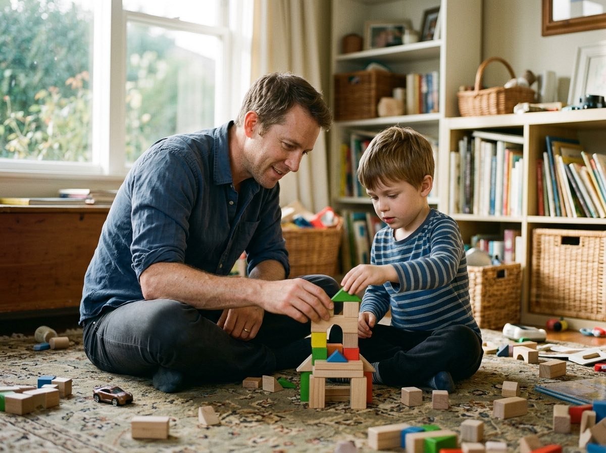 A father sits on the living room floor building with wooden blocks beside his young son, following the boy's lead.